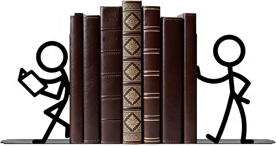2 Pcs Reader Metal Bookends, Cute Book Ends for Shelves, Black | Cute stick figure reader book ends hold heavy books, CDs, DVDs; non-slip base; for bookshelf, office, library &amp; classroom