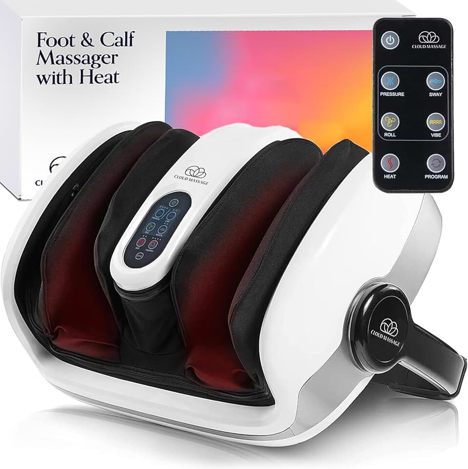 Cloud Massage Shiatsu Foot Massager with Heat, Standard Size, White | Deep Kneading &amp; Compression, Adjustable Intensity, Multi-Mode Leg and Foot Massager with Remote Control, Anti-Slip Base