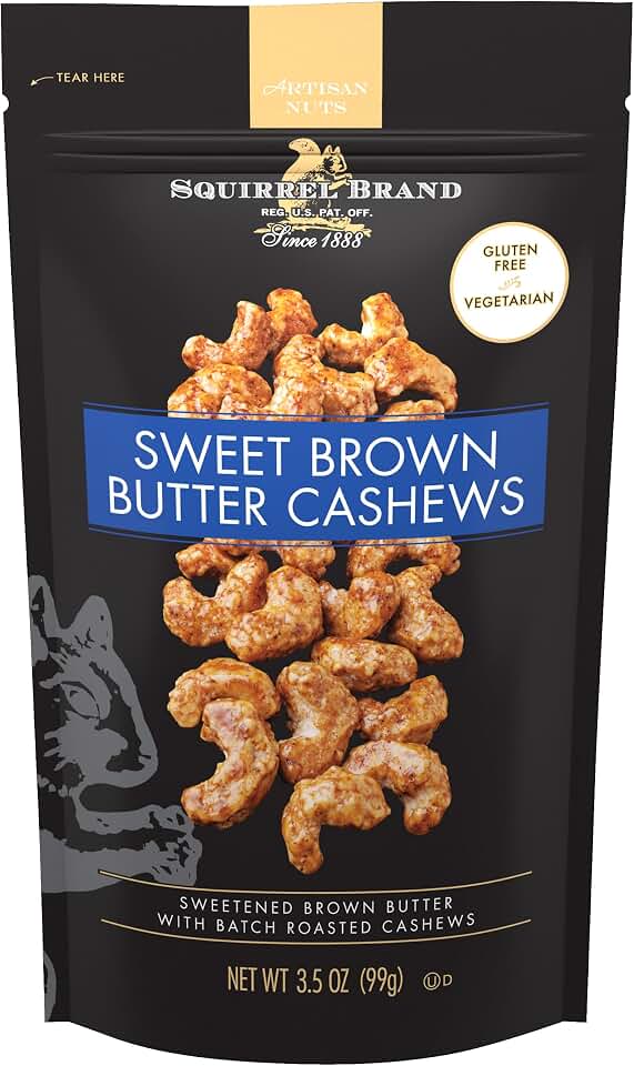 Squirrel Brand Sweet Brown Butter Cashews, 3.5 oz Resealable Pouch | Gourmet Flavored Cashews Nuts, Gluten Free, Vegetarian