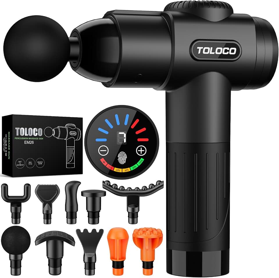 TOLOCO Massage Gun, Deep Tissue Back Massage for Athletes for Pain Relief, Percussion Massager with 10 Massages Heads &amp; Silent Brushless Motor, Relaxation Gifts for Men Women, Black Global Recycled Standard ClimeCo Certified