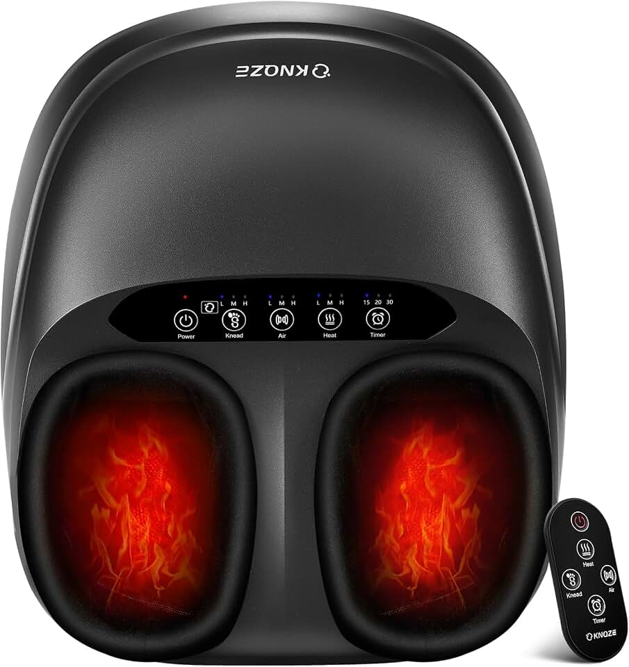KNQZE Shiatsu Foot Massager with Heat for Plantar Fasciitis, FSA Eligible | Deep Kneading Shiatsu Massage, Multiple Heat &amp; Compression Levels, Remote Control, Fits Men's Size 13, Gift for Women Men Mom Global Recycled Standard