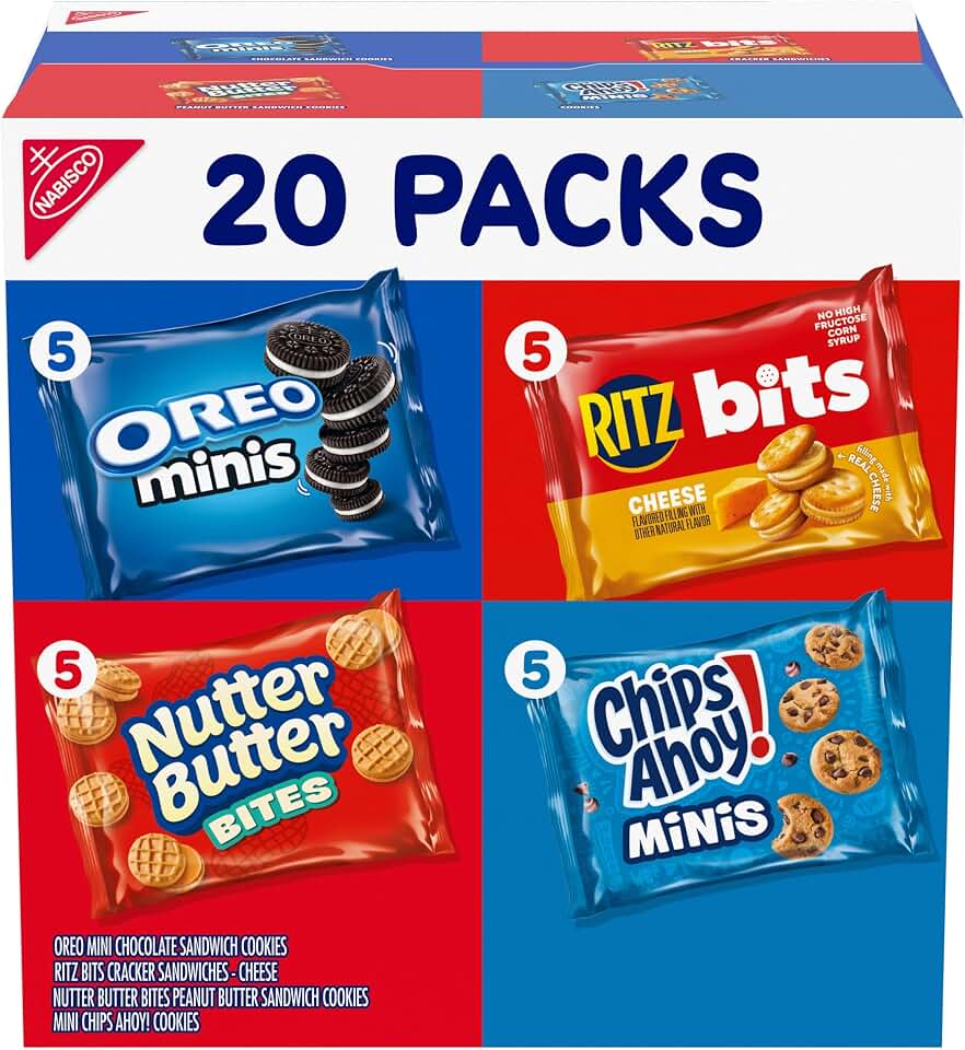 Nabisco Snacks Variety Pack, 4 Flavors, Cookies &amp; Crackers, 20 Snack Packs | OREO Minis, NUTTER BUTTER Bites, CHIPS AHOY! Minis Cookies, plus RITZ Bits Cheese Sandwich Crackers, Individually Wrapped