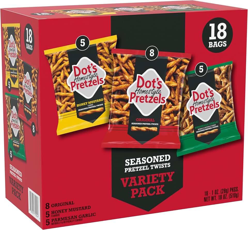 Dot's Pretzels Twists, 3-Flavor Snacks Variety Pack, 18 count | Original, Honey Mustard, Parmesan Garlic Pretzel Twists, Assorted Snacks Variety Pack for Adults, Individual Snack Packs