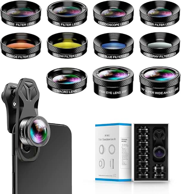 MIAO LAB 11 in 1 Phone Camera Lens Kit - Wide Angle Lens &amp; Macro Lens+Fisheye Lens+ND32//CPL/Color Lens/Star+Kaleidoscope Lens for iPhone Samsung Sony and Most of Smartphone