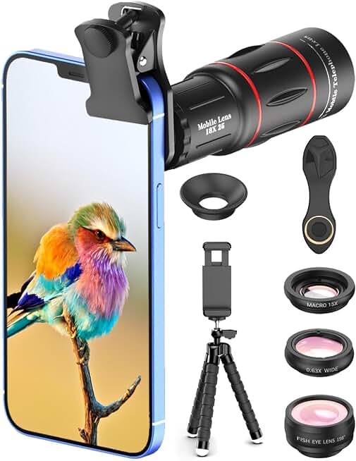 APEXEL 4 in 1 Phone Photography Kit, 18X Telephoto Lens, 198° Fisheye Lens, 15X Macro Lens, 0.63X Wide Angle Lens, Set with Flexible Phone Tripod, for iPhone Samsung Pixel