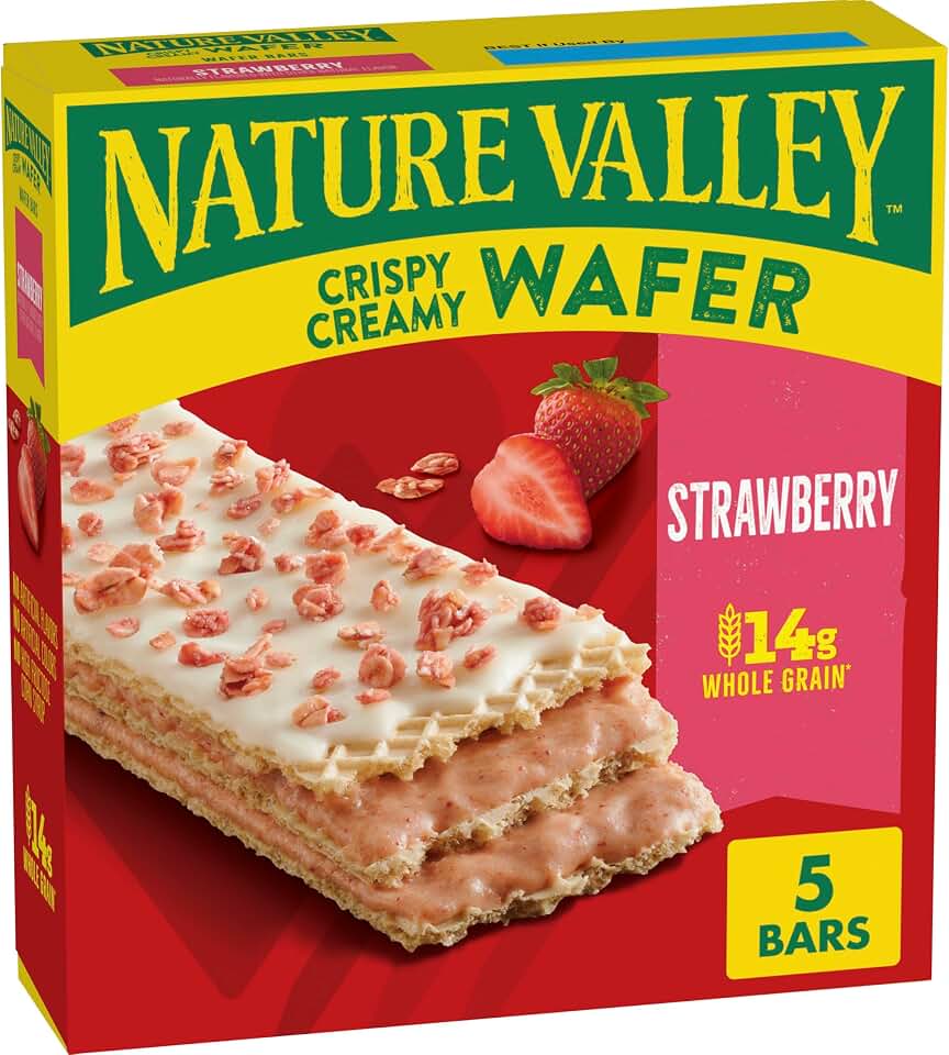 Nature Valley Creamy Wafer Bars, Strawberry, Whole Grain, 5 ct, 6.5 oz | Crispy Whole Grain Wafers, Strawberry Filling, Granola Topping, 14g Whole Grain, Zero Artificial Flavors