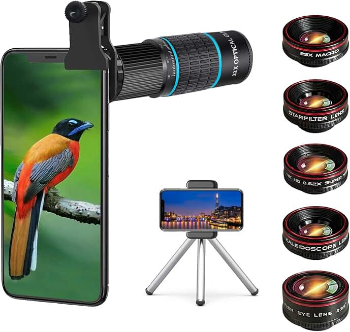 Phone Camera Lens Kit 10 in 1 for iPhone Samsung Pixel Android, 22X Telephoto Lens, 0.62X Super Wide Angle Lens&amp;25X Macro Lens, 235° Fisheye,Kaleidoscopes, Starlight，Tripod，for Most Smartphone Black