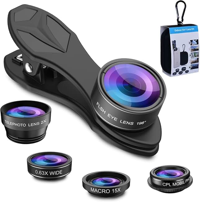 MIAO LAB 5 in 1 Phone Camera Lens Kit -0.63X Wide Angle Lens &amp; 15X Macro Lens+190°Fisheye Lens/CPL + 2X Telephoto Lens Compatible with iPhone Samsung Sony and Most of Smartphone