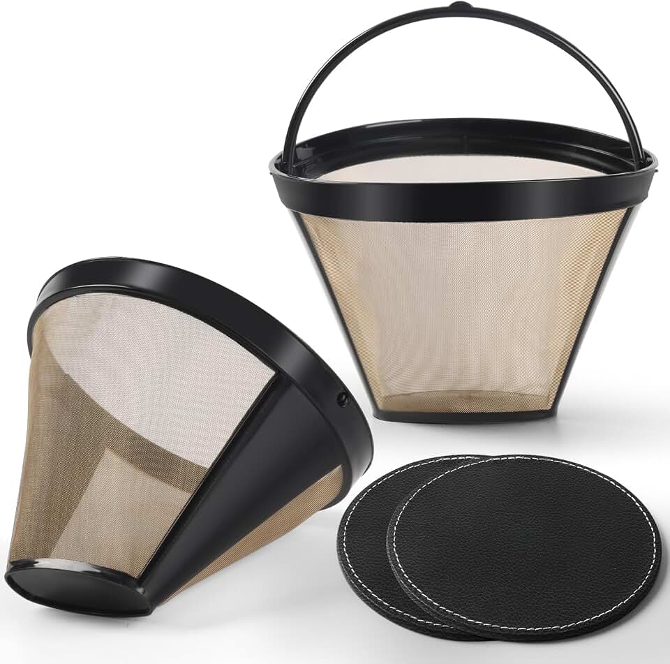 #4 Reusable Coffee Filter for Ninja Cuisinart 2 Filters + 2 Coasters | Fine mesh releases natural coffee oils, BPA-free, rinse/dishwasher safe, reusable, save on disposable filters.