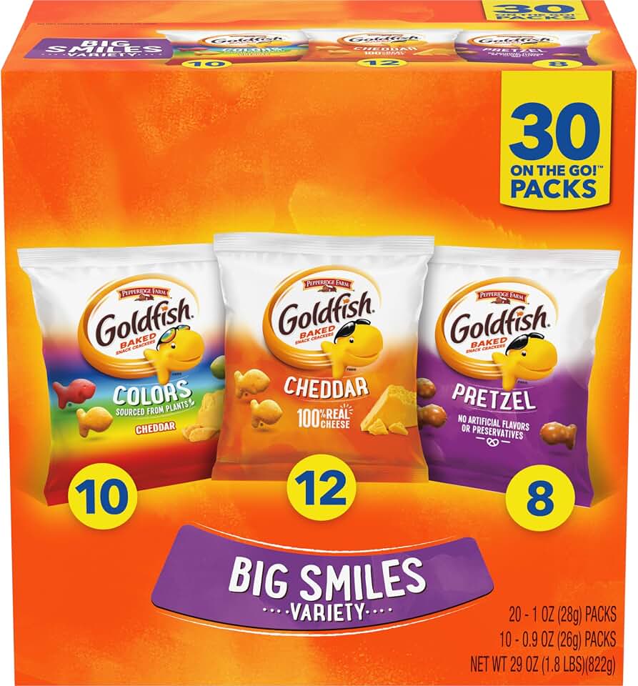 Goldfish Crackers Big Smiles Variety Pack featuring Cheddar, Colors, and Pretzels, Snack Packs, 30 Ct