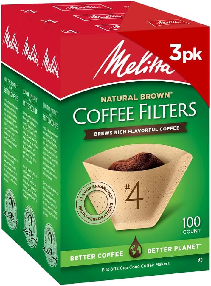 Melitta #4 Unbleached Coffee Filters, Natural Brown Cone Filters, 3-Pack | Flavor-Enhancing Microfine Perforations, Double Crimp Strength, FSC &amp; BPI Compostable, For 8-12 Cup Brewers, 100 Ct, USA Made