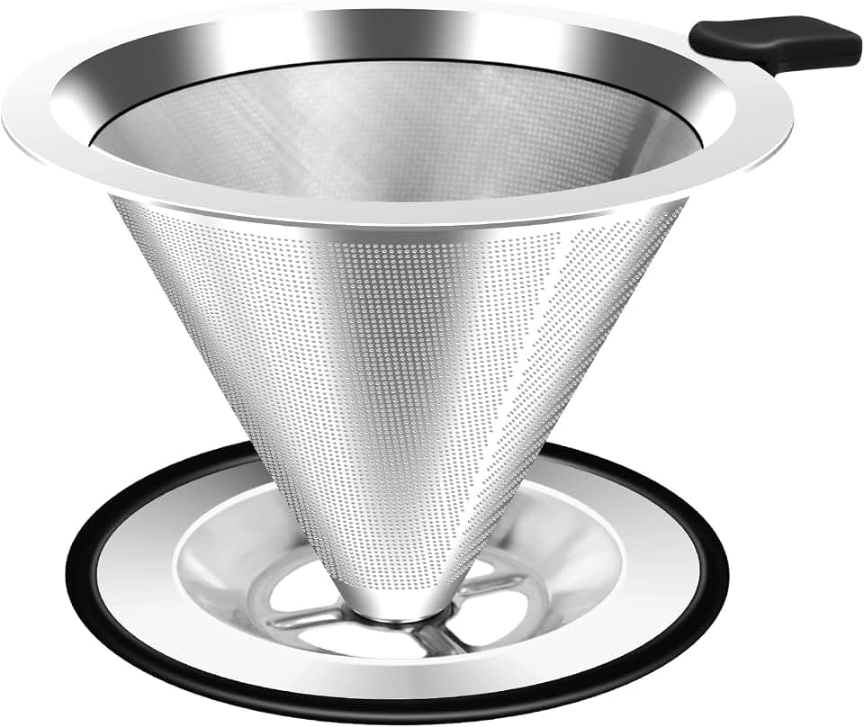 Pour Over Coffee Dripper, Stainless Steel Coffee Filter, Paperless Reusable Coffee Filter, Double Micromesh 600 Mesh Strainer Coffee Maker with Heat-Resistant Silicone Handle &amp; Base (1-2 Cups)