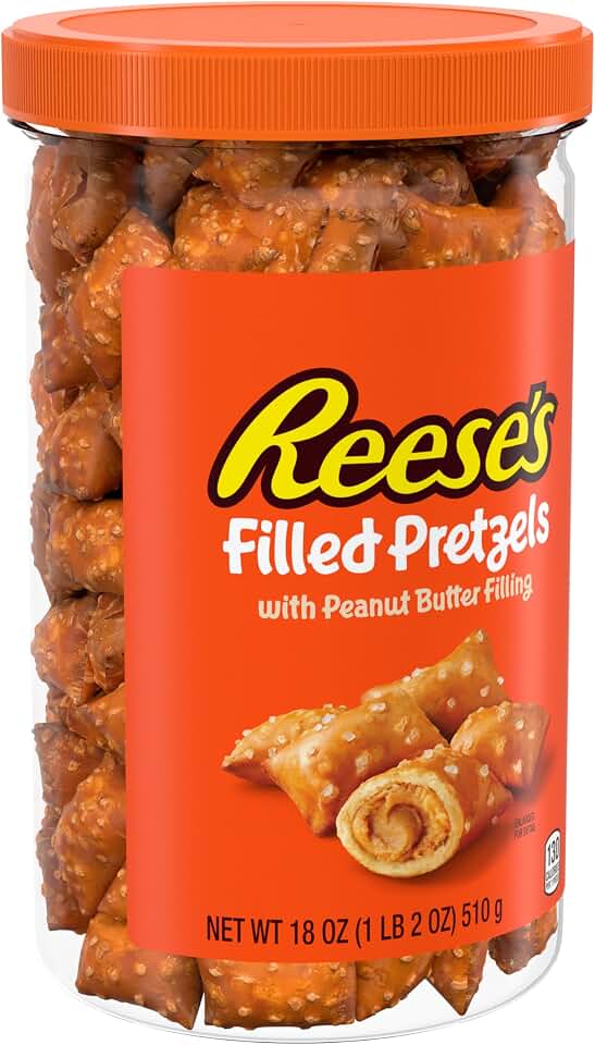 Reese's Filled Pretzels Peanut Butter Nuggets Jar, 18 oz | Peanut Butter Filled Pretzel Nuggets, Crunchy Shell, Sweet and Salty Snack, Resealable Jar for Sharing, 18 oz