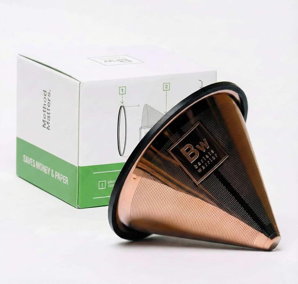 Barista Warrior Reusable Coffee Filter - Stainless Steel Pour Over Dripper, Compatible for Chemex, Hario V60 &amp; Drippers, Easy to Clean Flavorful Brew Fine Mesh Coffee Filter - Copper