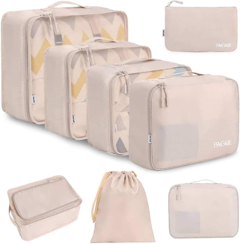 BAGAIL BAGAIL 8 Set Packing Cubes Luggage Packing Organizers for Travel Accessories-Cream Global Recycled Standard