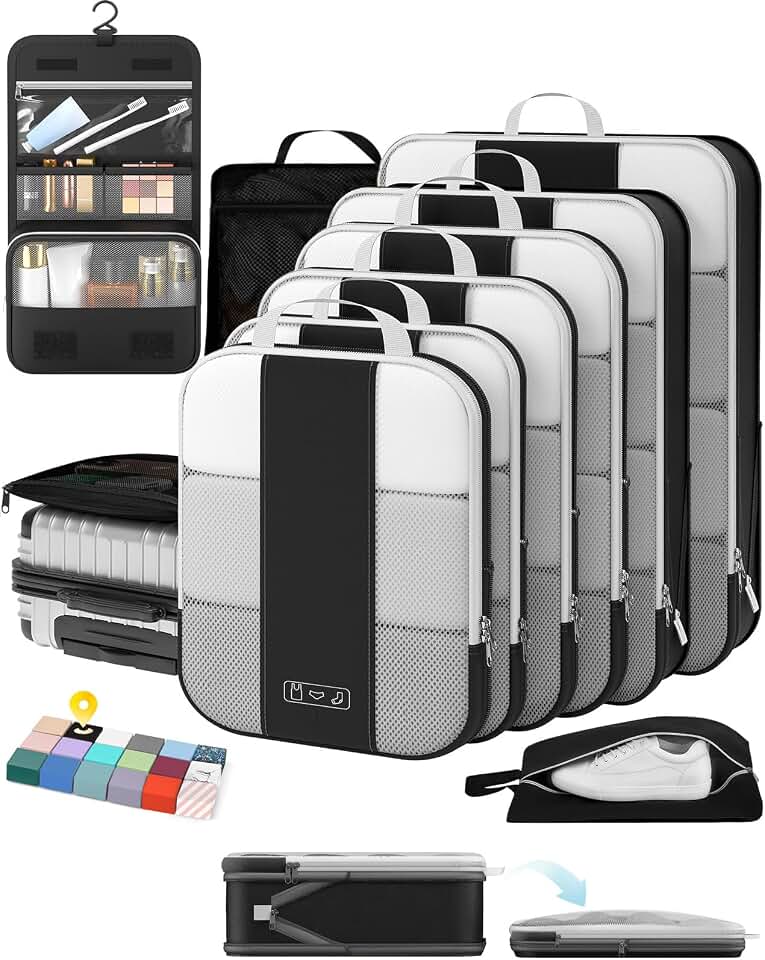 OlarHike OlarHike 10 Set Compression Packing Cubes for Travel Essentials,Compressible Expandable Space Saver Bags for Organizing Clothes,Luggage Suitcase Garment Bags with Over 1000 pcs Mesh Holes(Black) Global Recycled Standard