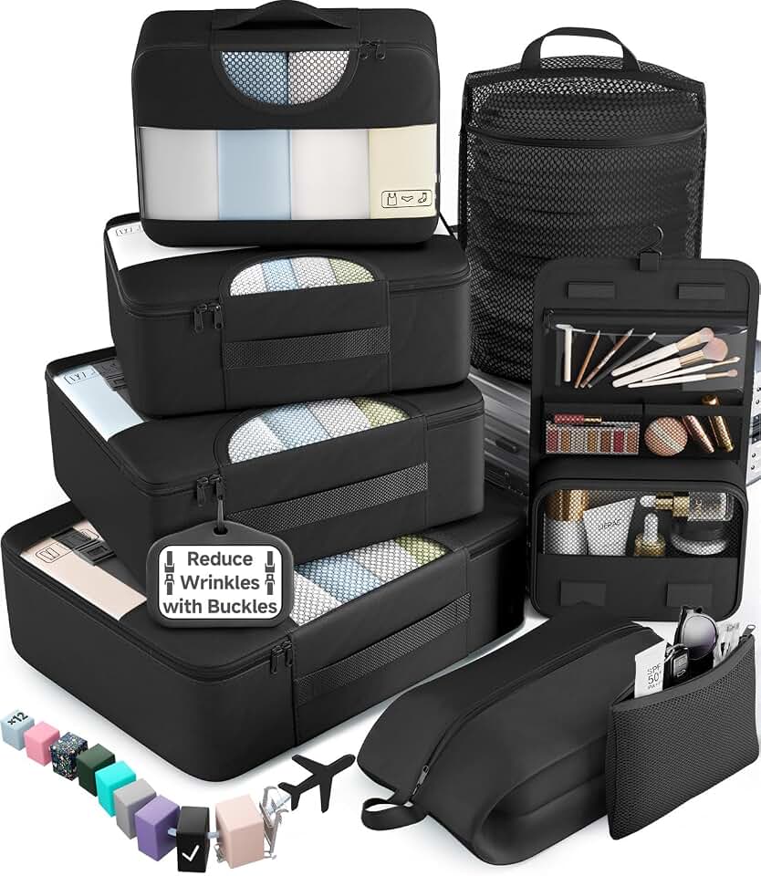 Veken Veken 10 Set/8 Set Packing Cubes for Travel Essentials,Anti-Wrinkle Buckled Suitcase Organizer for Shoe &amp; Toiletry Bag,Carry On Luggage Bag for Airplane &amp; College Dorm Room Accessories,Women Men Gifts Global Recycled Standard