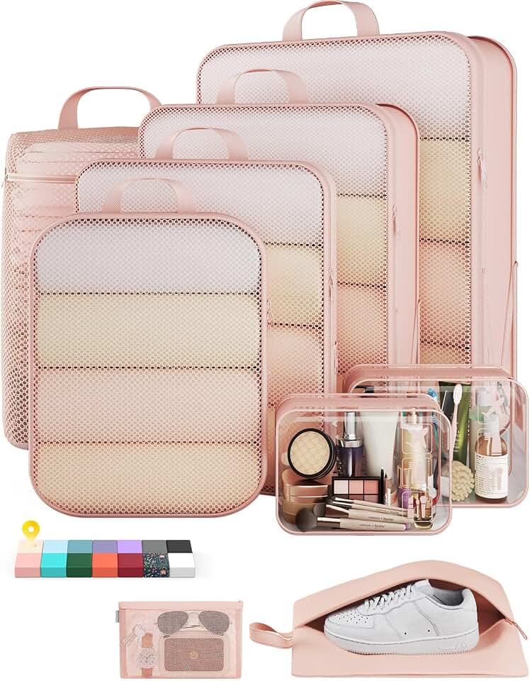 Veken Veken 9/11 Set Compression Packing Cubes for Cruise Travel Essentials,Compressible Expandable Large Luggage Organizer Bags for Clothing,Space Saver Bags with Over 1000 pcs of Mesh Holes(Beige) Global Recycled Standard