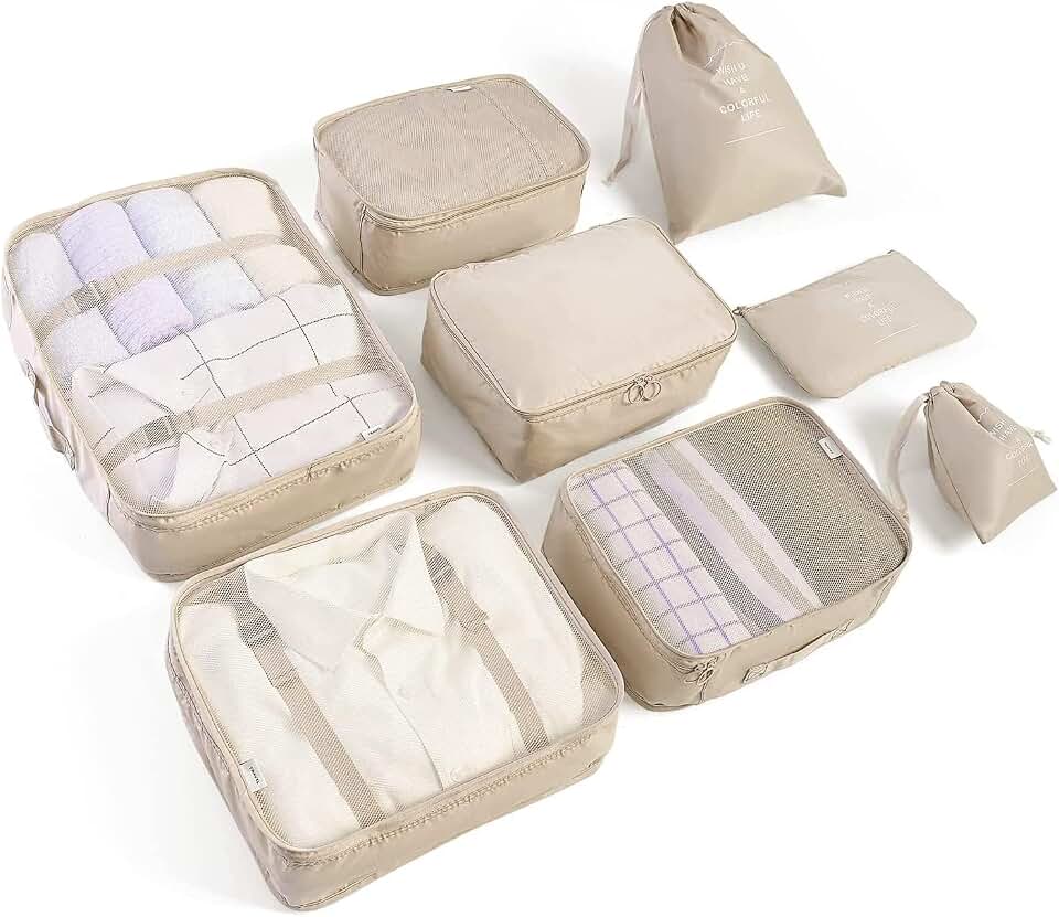 LANSKLBD LANSKLBD 6/8 Set Packing Cubes for Suitcases Travel Luggage Packing Organizers,Travel Accessories Essentials Luggage Organizer with Shoe/Tioletry/Laundry Bag (Beige, 8 set)