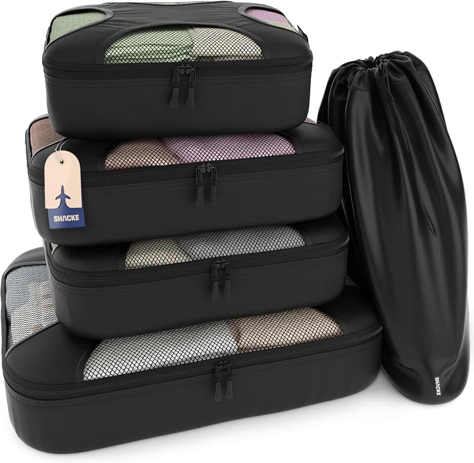 Shacke Shacke 5 Set Packing Cubes for Travel with Laundry Bag (Pure Black) | Suitcase Organizer Bags Set: 4 Water-Resistant Luggage Cubes, XL to Small, + Laundry Bag for Carry-On or Checked