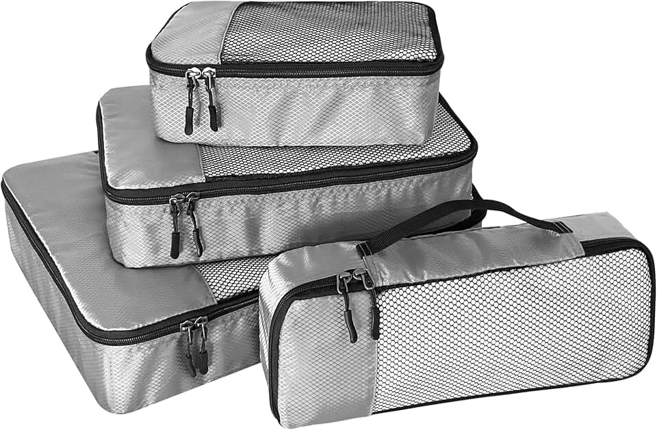 WTREE WTREE 4-Piece Packing Cubes Travel Accessories Set for Suitcases - Luggage Organizer Bags with Double Zipper - Mesh Top - Small/Medium/Large/Slim - Grey