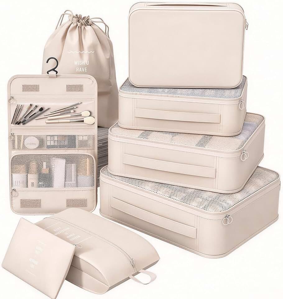 8 Set Packing Cubes for Travel,Suitcase Organizer Bags for Luggage with Shoe &amp; Hanging Toiletry Bag, Vacation Essentials &amp; Accessories for Cruise Ship, Airplane Must-Have,Road Trip &amp; Camp Gifts(Cream)