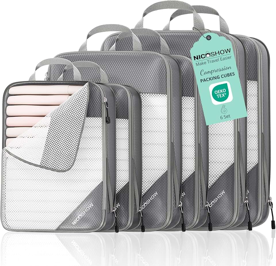 NICOSHOW NICOSHOW 6 Set Compression Packing Cubes for Travel - Compressible, Lightweight, and Space-Saving Packing Cubes, Travel Essentials for Women, Grey OEKO-TEX STANDARD 100