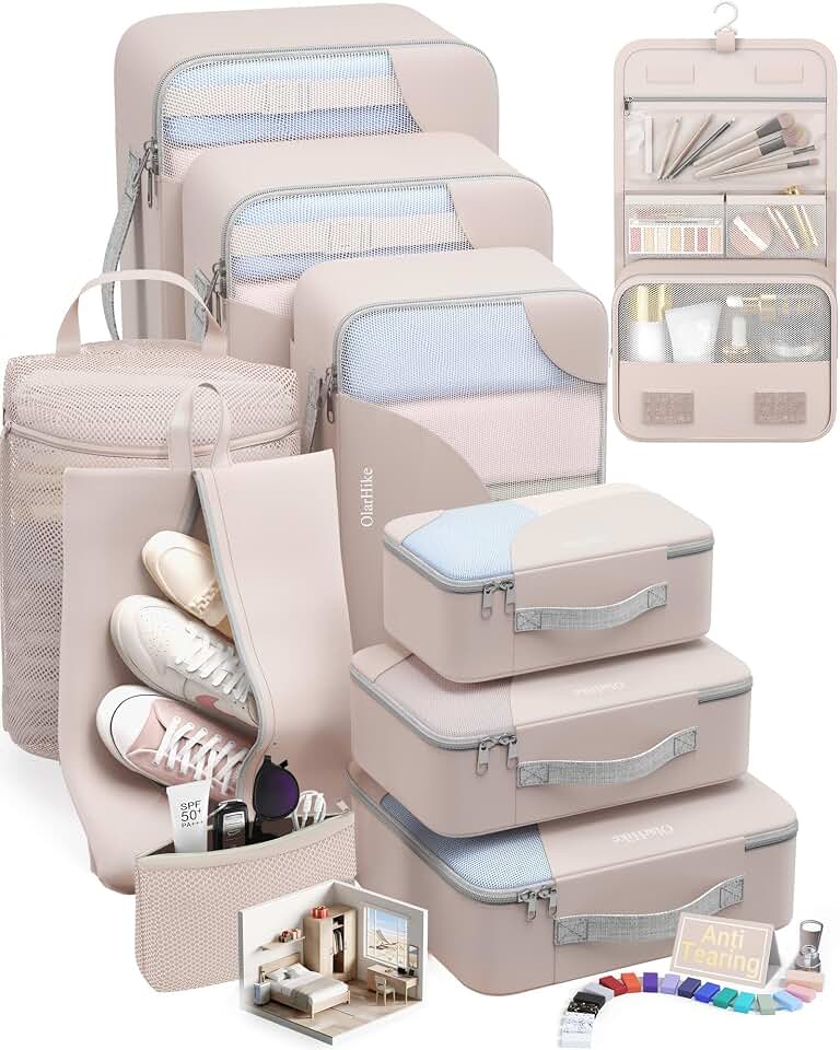 OlarHike 10 Set Packing Cubes for Travel, Gifts for Women Mom,Anti-Tearing Suitcase Organizer for Luggage with Shoe &amp; Hanging Toiletry Bag,OlarHike Vacation Essentials &amp; Accessories for Cruise Ship Global Recycled Standard