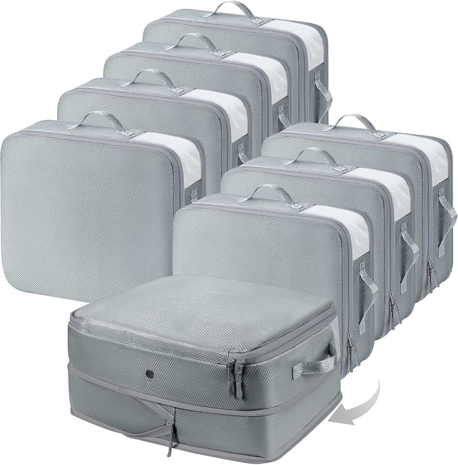 DIMJ DIMJ Compression Storage Bags 8 Pack, 19L Clothes Storage Organizer for Blanket, Sweater, Closet, Sheet Storage Organizer Compression Packing Cubes for Sheet Bedding Toys Storage with Zipper(Gray) Global Recycled Standard