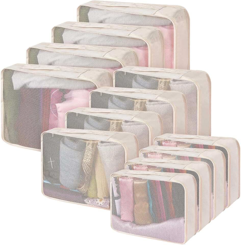 Silkfly Silkfly 12 Pcs Packing Cubes for Travel,XL, L, M,Classic,Light Khaki | Large Mesh Organizer for Suitcase Luggage, Compression Style, Hiking Camping Trips, Lightweight Durable Space Maximizer