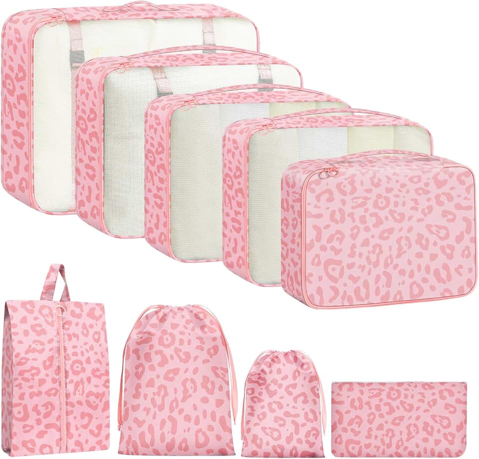 Woobolsalike 9 Set Packing Cubes for Travel Essentials - Lightweight Carry-On Luggage Organizer Bags with Shoe, Clothes &amp; Laundry Bags for Airplane, Family &amp; Business Travel, Pink leopard print