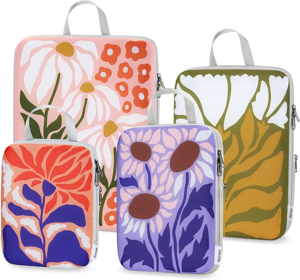 Gonex Gonex 4-Piece Compression Packing Cubes, Expandable Travel Organizers | Floral Pattern, Ripstop Fabric, Double-Zip Compression, Carry-On Friendly, Lightweight Global Recycled Standard