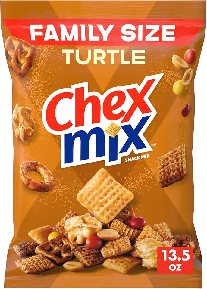 Chex Mix Turtle Snack Mix, Family Size, 13.5 oz | Corn, Caramel &amp; Cocoa Chex, Pretzels, Caramel Popcorn, Chocolatey Pieces, Peanuts, 50% Less Fat than Potato Chips