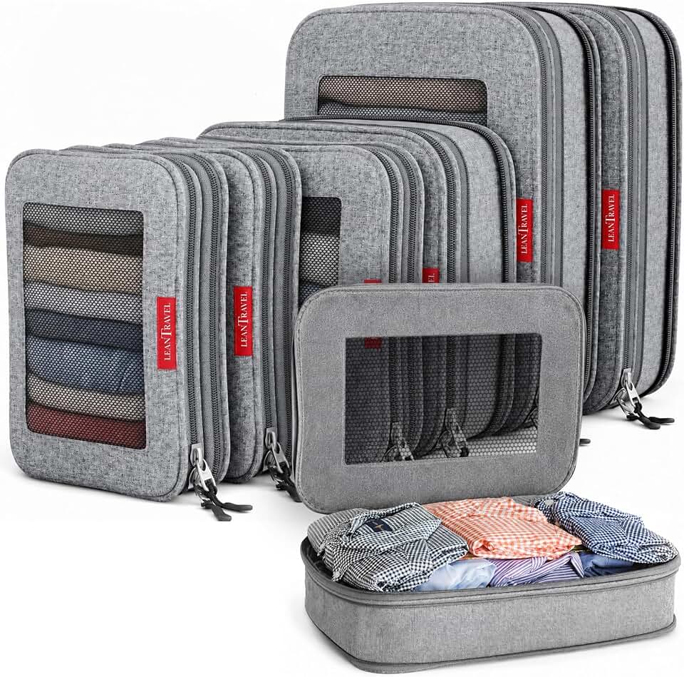 LeanTravel LeanTravel Premium Compression Packing Cubes for Travel - Suitcase Organizer Bags with Double Zipper &amp; Breathable Mesh Panel - Space Saving Carry On Luggage Essentials (6-Pack, Grey)