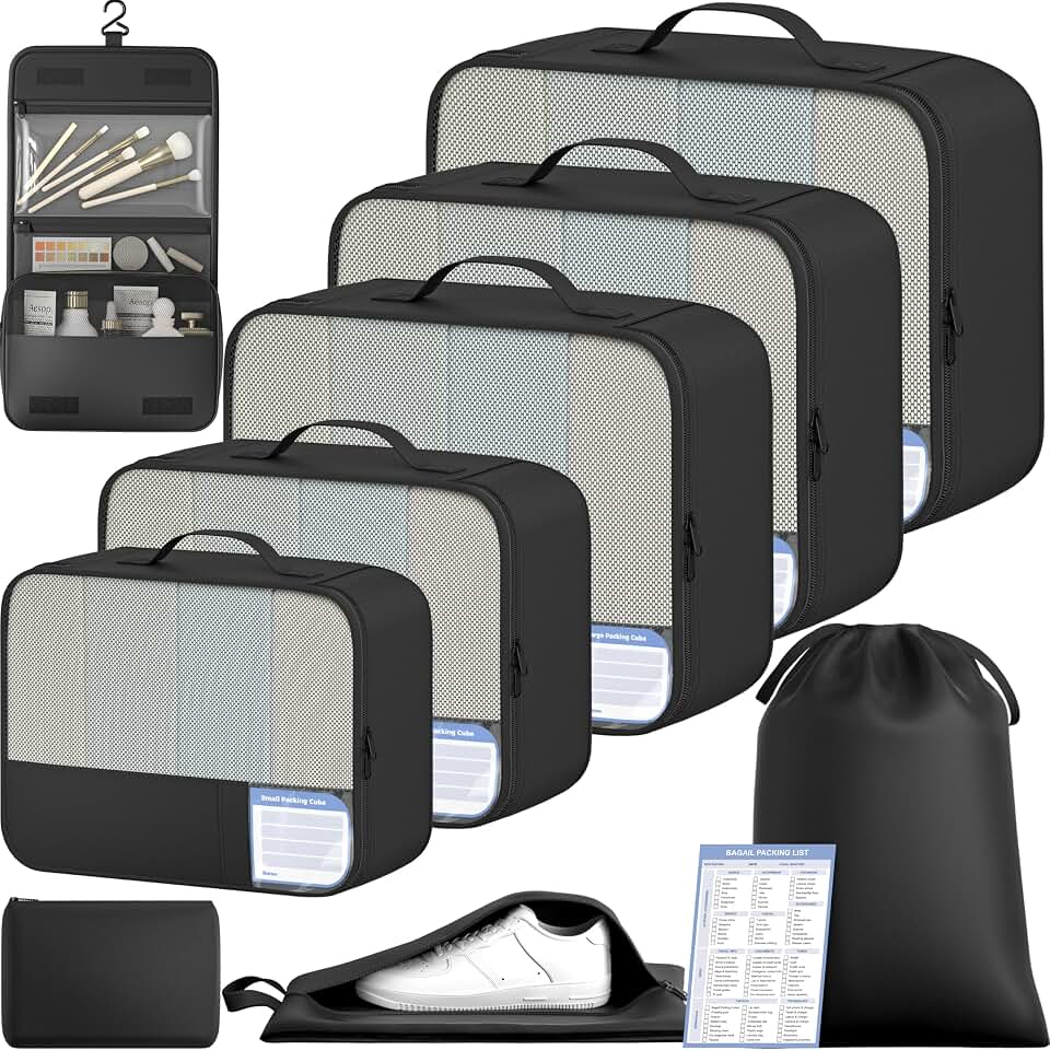 BAGAIL 9 Set Packing Cubes with Packing List Luggage Packing Organizers for Travel Accessories (Black) Global Recycled Standard