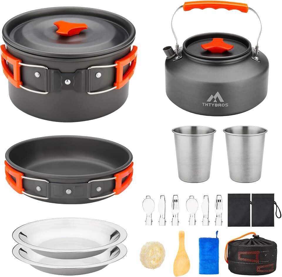 THTYBROS 17pcs Camping Cookware Mess Kit,for Camping,Backpacking,Picnic | 0.45Gal Pot,7inches Pan,0.30Gal Kettle Set with 2 set Stainless Steel Cups Plates Forks Knives Spoons,Pots, Pans &amp; Griddles Recycled Claim Standard Blended