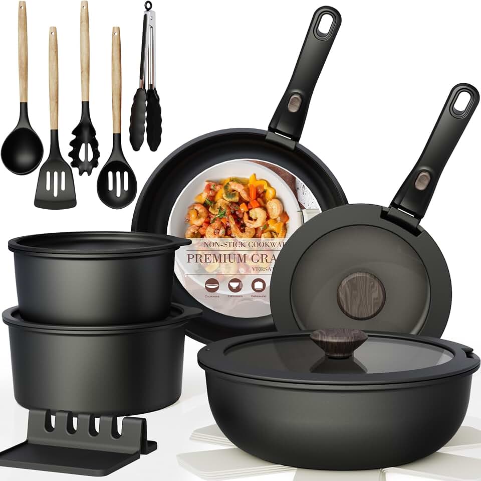 Astercook 21 Pcs Pots and Pans Set Non Stick, Ceramic Cookware Set Detachable Handle, RV Kitchen Cooking Set Removable Handles, Oven Safe, Induction Ready, Stackable, Black, Fathers Day Gift for Men