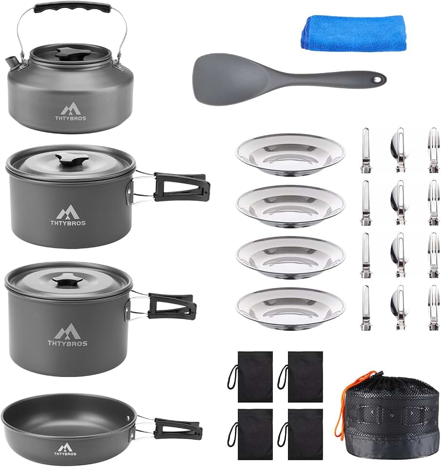 THTYBROS 27pcs Camping Cooking Set for 2-4 People, Portable Cookware Set with Kettle, Pots &amp; Pans, Stainless Steel Utensils, Plates, Dishware for Backpacking, Picnic, Outdoor Adventures Recycled Claim Standard Blended