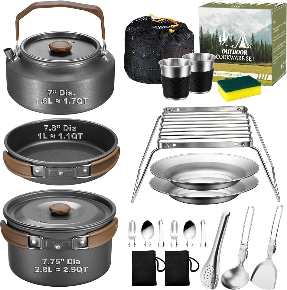 18Pcs Camping Cookware Cooking Set, Joyfair Camp Mess Kit with Utensils | Nonstick Pan,Pot,Kettle,Grill Grate, Outdoor Portable Backpacking Gear Openfire Accessories Essentials, Compact&amp;Lightweight