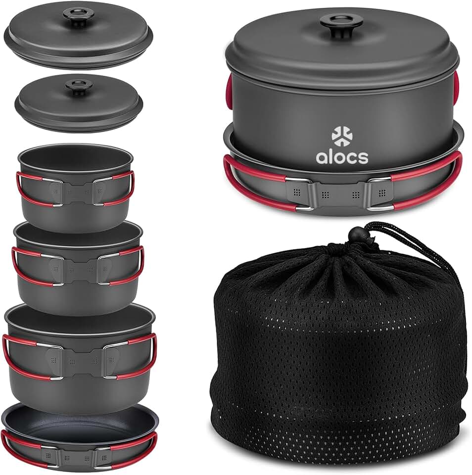 ALOCS Camping Cookware Set Camping Gear Compact Camping Pots and Pans Set | Durable Hard Alumina Camping Cooking Set for Outdoor Backpacking Camping Hiking Picnic, Included Mesh Carry Bag