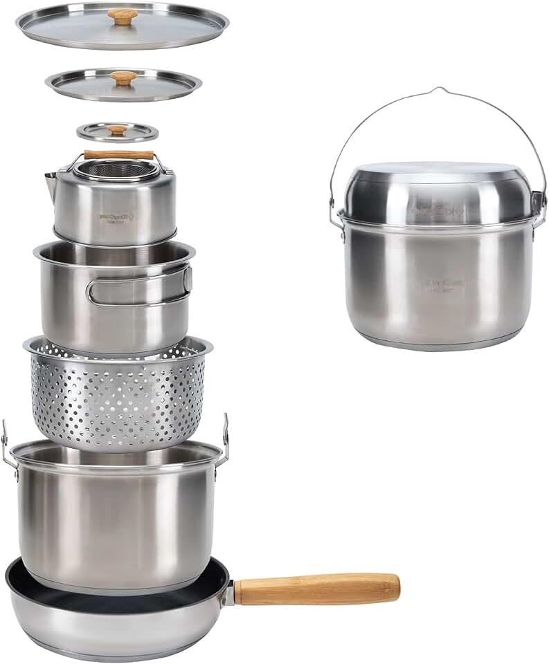 KingCamp Camping Cookware Set, 304 Stainless Steel Camping Pot for 4-6 | Portable Stackable Campfire Cooking Pots Pan and Kettle with Travel Tote Bag for Camping Outdoor Kitchen Cooking Picnic