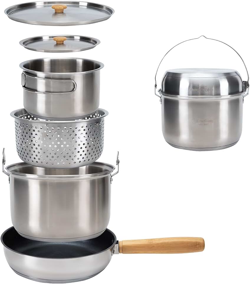 KingCamp Camping Cookware Set, 304 Stainless Steel Camping Pot for 4-6 | Portable Stackable Campfire Cooking Pots Pan and Kettle with Travel Tote Bag for Camping Outdoor Kitchen Cooking Picnic