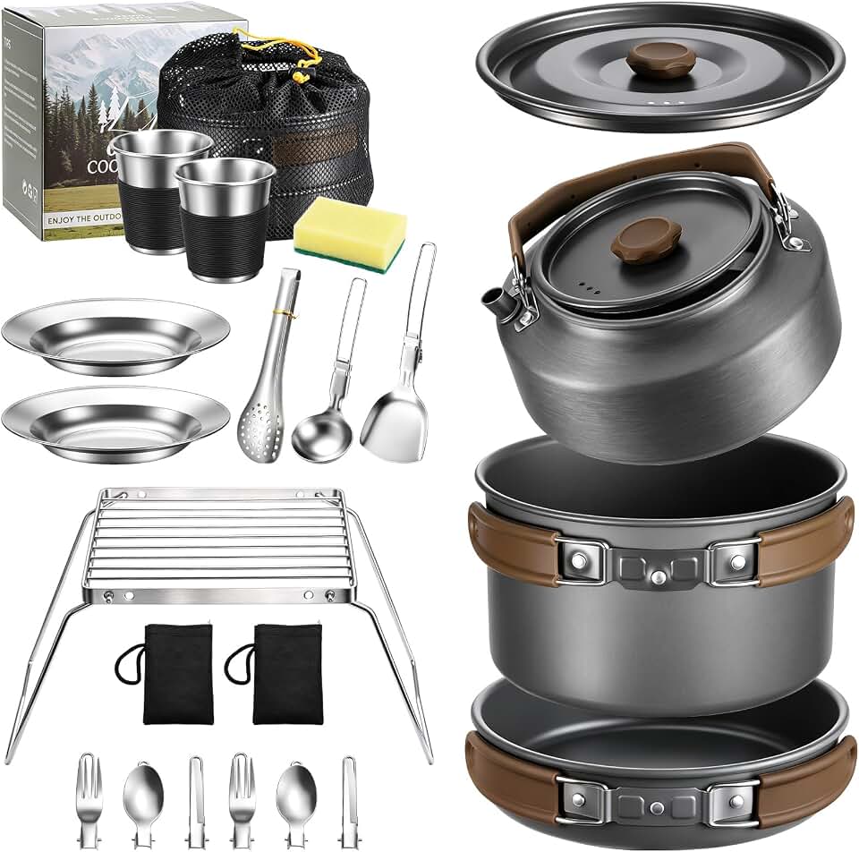 Leonyo 18PCS Camping Cookware Set, Camping Cooking Pot Pan Mess Kit | Camp Cooking Essentials Equipment Accessories with Aluminum Kettle, Grill Grate, Outdoor Open Fire Camping Gear Backpacking