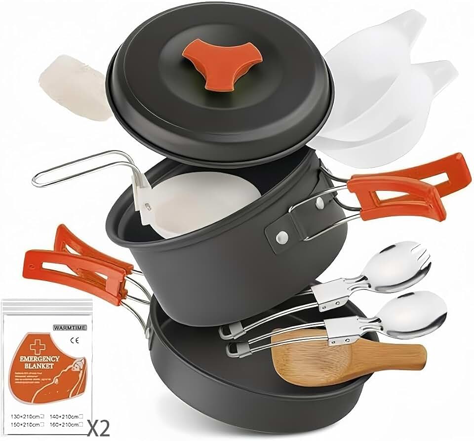 12-Piece Lightweight Camping Cookware Set – Nonstick Pot, Pan &amp; Utensils for Backpacking &amp; Hiking – Portable Mess Kit for 1–2 People, Bonus 2 Emergency Blankets