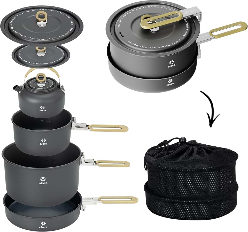 ALOCS Camping Cookware Portable Non-Stick Mess Kit with Foldable Handle | Hard Anodized Aluminum Construction, Includes 3L 1.7L Pots 0.8L Kettle 8” Pan, for Outdoor Picnic Hiking