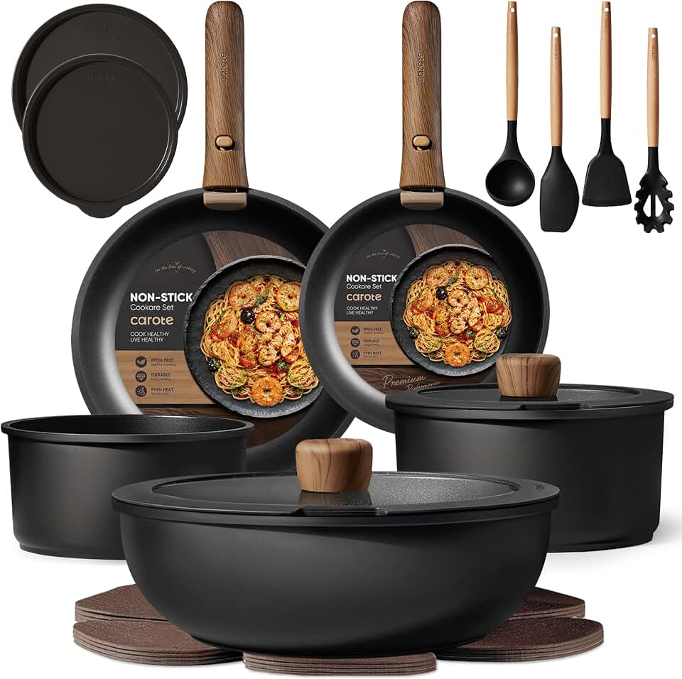 CAROTE 19pcs Pots and Pans Set Non Stick, Detachable Handle Cookware, Black | Induction Compatible, Dishwasher &amp; Oven Safe, Space Saving, for Camping/RV/Traveling, Kitchen Cooking Set