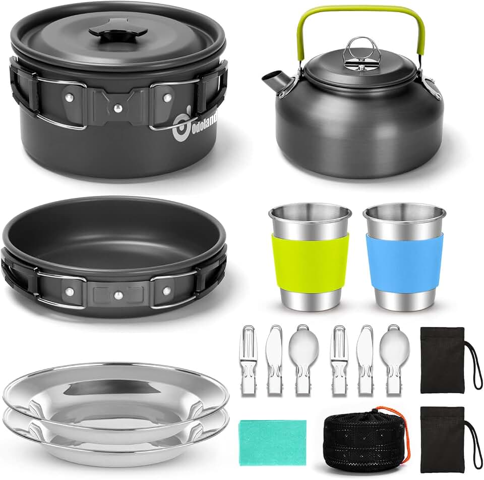 Odoland 15pcs Camping Cookware Mess Kit, Lightweight Pot Pan Kettle Set | Anodized aluminum, for hiking, outdoor cooking and picnic, 1.9L pot 0.8L kettle 0.86L pan mess kit, little compact pot set