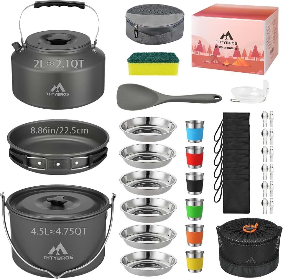 THTYBROS 43-Piece Camping Cookware Set,Large Mess Kit for 6 Persons,with 4.75QT Pot,2.1QT Kettle,Frying Pan,Cups,Utensils and Tableware,Heavy Duty Aluminum Cook Set for Outdoor Camping,Hiking,Picnic Recycled Claim Standard Blended
