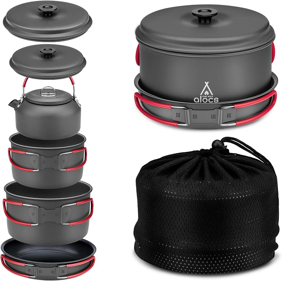 ALOCS Camping Cookware Set Camping Gear Compact Camping Pots and Pans Set | Durable Hard Alumina Camping Cooking Set for Outdoor Backpacking Camping Hiking Picnic, Included Mesh Carry Bag