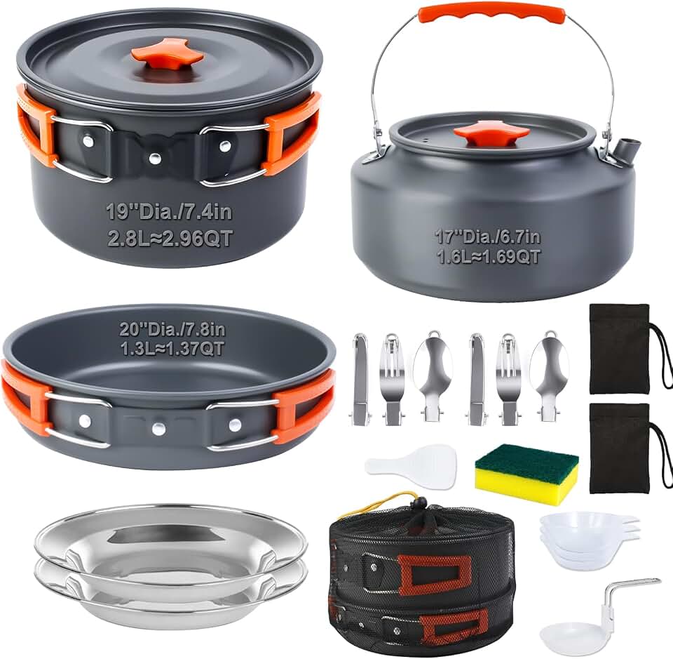 18-Piece Large Capacity Camping Cookware Set Aluminum Mess Kit | 2.8L main cooking pot 1.6L hot-water kettle 1.3L frying pan Uncoated aluminum surface Nested carry storage